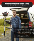 Man loading 4 Stroke 53.2cc Outboard Motor With Air Cooling Hand Start Gasoline Engine into vehicle at lakeside