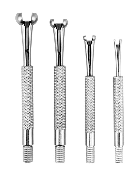 Bore gauge set, 4-piece stainless steel telescoping with knurled handles.