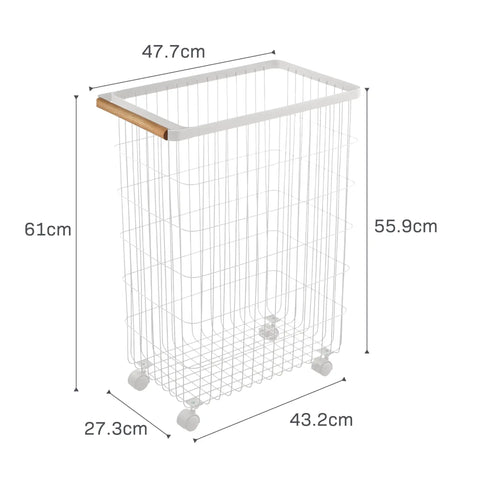 Slim white rolling wire laundry hamper with wood accent, wheeled basket showing dimensions, ideal for easy laundry day