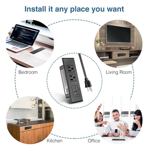 Underdesk Conference Power Strip With USB-C PD 20W, 2 Outlets, 2 USB-A shown in bedroom, living room, kitchen, and office settings
