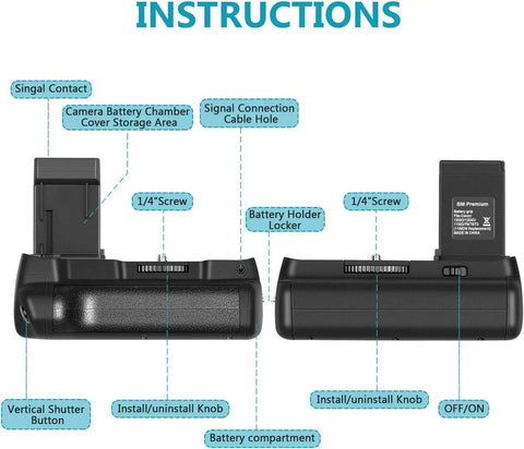 Diagram of Battery Grip Kit For Canon EOS Rebel T3 T5 T6 with vertical grip showing parts and instructions labeled