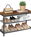 Industrial Three Tier Shoe Bench Organizer With Mesh Shelves In Rustic Brown Finish 29.5 Inches Entryway Storage Seat Stylish Decor