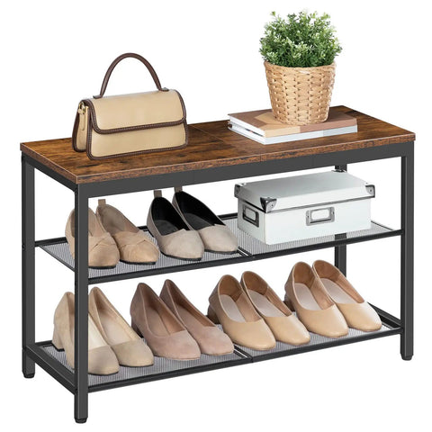 Industrial Three Tier Shoe Bench Organizer With Mesh Shelves In Rustic Brown Finish 29.5 Inches Entryway Storage Seat Stylish Decor