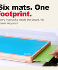 Top Shelf Bamboo Cutting Board Set With Six Color Coded Flexible Mats And Smart Storage Holder For Effortless Meal Prep BPA Free Non Slip kitchen chopping block with mats tucking inside.