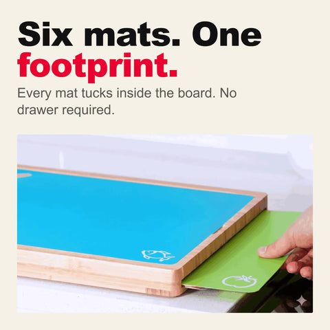 Top Shelf Bamboo Cutting Board Set With Six Color Coded Flexible Mats And Smart Storage Holder For Effortless Meal Prep BPA Free Non Slip kitchen chopping block with mats tucking inside.