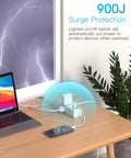 Ultimate Desktop Power Strip with 6 Outlets and 4 USB Ports, including 2 USB C, on a desk with laptop and phone charging