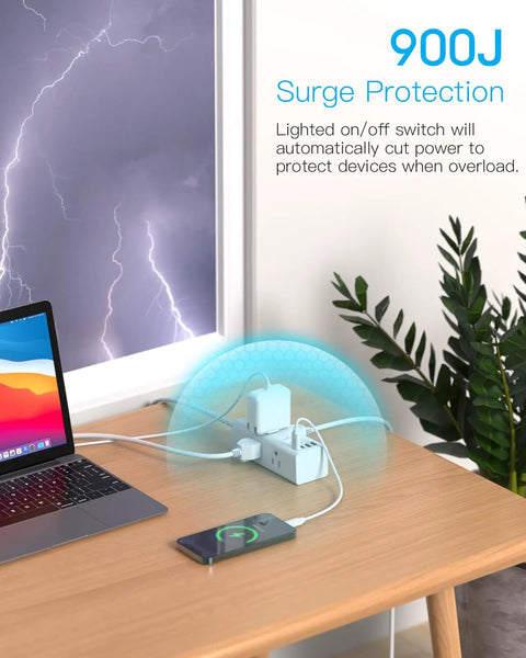 Ultimate Desktop Power Strip with 6 Outlets and 4 USB Ports, including 2 USB C, on a desk with laptop and phone charging