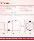 Diagram and specifications of 22mm Maintained 2 Position Selector Switch 1NO 660V 10A Heavy Duty Built Tough Industrial Metal Head IP65 Weatherproof Pack Of 2
