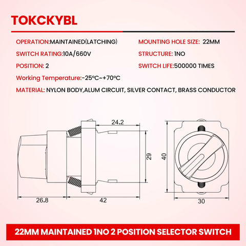 Diagram and specifications of 22mm Maintained 2 Position Selector Switch 1NO 660V 10A Heavy Duty Built Tough Industrial Metal Head IP65 Weatherproof Pack Of 2