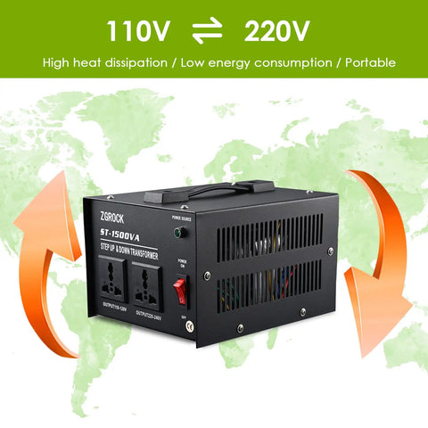 Heavy Duty 1500W Voltage Converter Transformer For 110V To 220V And 220V To 110V With Dual Circuit Breaker Protection, black unit.