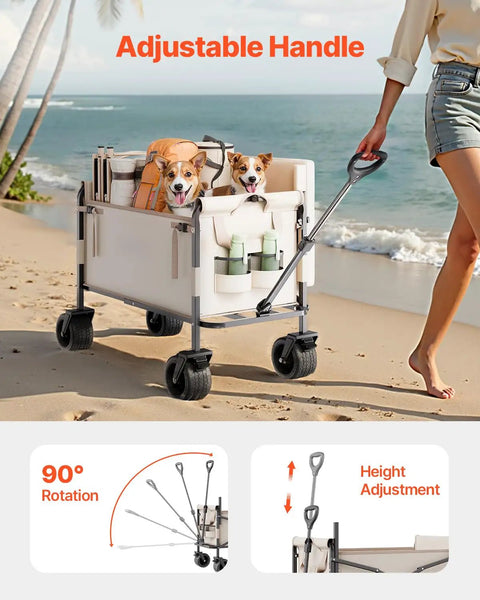 Woman pulling 3-in-1 collapsible wagon with wheels on beach, adjustable handle, dogs inside; Converts To A 75cm Wide Sofa, Heavy Duty 550lbs 220L Capacity, Ideal Beach Cart For Sand, Camping, Groceries, Shopping, And Outdoor Utility Wagon For Sports And Recreation
