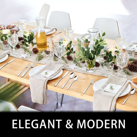 Elegant table setting with 49 Piece Silverware Set With Drawer Organizer For 8 People Built Tough For Everyday Home Use Heavy Duty Cutlery.