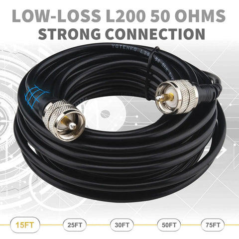CB Radio Coax Cable 15ft Low Loss UHF PL259 To PL259 Connector 50 Ohm L200 Coax LMR200 Equivalent Flexible Durable Antenna Cable