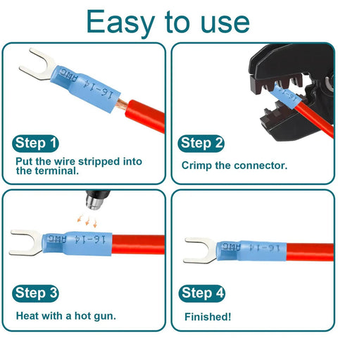Fork Connectors Heat Shrink Set With Tinned Copper Terminals Waterproof Kit showing step-by-step crimping process