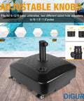Heavy Duty 125Lb Fillable Umbrella Base With Wheels Outdoor Patio Stand For Stability And Easy Mobility Tough As Nails Heavy Duty Mobile Base Weighted Rolling Stand In Black All Weather HDPE Construction by a poolside showing adjustable knobs for 6-12 ft umbrellas.
