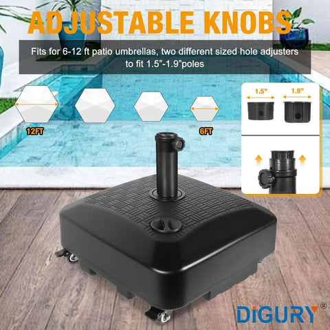 Heavy Duty 125Lb Fillable Umbrella Base With Wheels Outdoor Patio Stand For Stability And Easy Mobility Tough As Nails Heavy Duty Mobile Base Weighted Rolling Stand In Black All Weather HDPE Construction by a poolside showing adjustable knobs for 6-12 ft umbrellas.