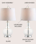 25 Inch Clear Chrome And Brass Glass Table Lamps Set Of 2 With White Linen Drum Shades, Modern Bedside Lamps For Bedroom Or Living Room