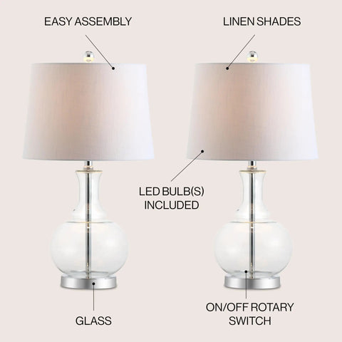 25 Inch Clear Chrome And Brass Glass Table Lamps Set Of 2 With White Linen Drum Shades, Modern Bedside Lamps For Bedroom Or Living Room