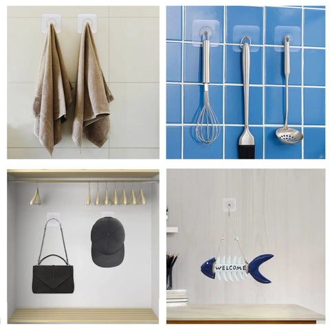 Heavy Duty Adhesive Hooks 2 In 1 No Drill Wall Mount Shelf Hangers showing various uses for towels, kitchenware, hats, and décor.