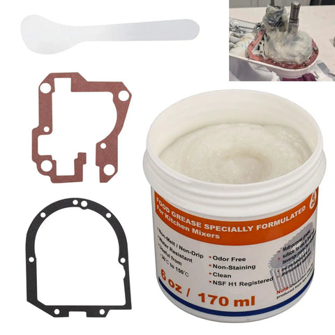 6 Oz Food Grade Grease For Kitchen Stand Mixers Pro Grade Lubricant For Regular Maintenance And Gear Wear Reduction, Compatible With Gasket Seals And Common Mixer Parts, One Can. includes grease can and two gaskets