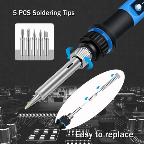 Close-up of 80W 110V Soldering Iron Kit With Fast Heat Up In 10 Seconds showing soldering tips and easy replace mechanism.