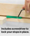 Close-up of MicroJig MatchFit Pop Stop 6-Pack with custom screwdriver inserting track stop into dovetail groove.