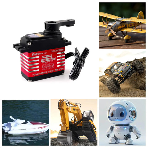 55 Kg Cm Brushless Waterproof RC Servo With 7.4V Motor Beefy Torque Helical Gear IP68 shown with various RC models