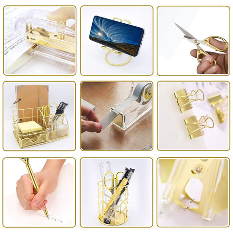Gold Acrylic 13 Piece Desk Organizer Set With Office Essentials Including Stapler Staple Remover Clips Scissors Phone Holder Pen Holder And More To Keep Your Home Office And Desk Looking Slick displayed in grid layout.