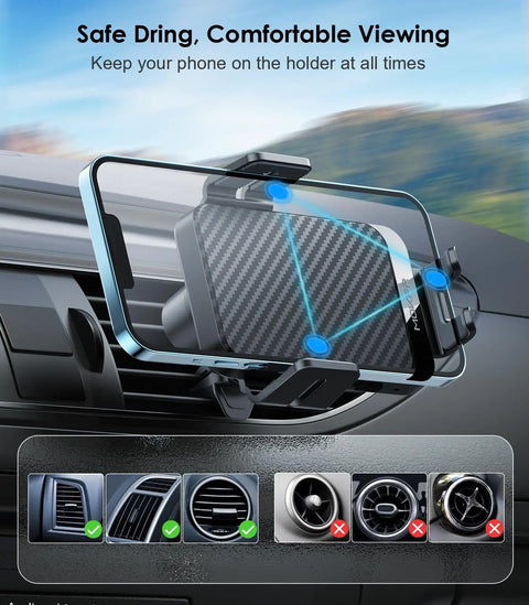Wireless Car Charger Mount With Auto Clamping Air Vent Phone Holder with 15W fast wireless charging for iPhone and Samsung Galaxy.