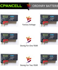 Comparison of CPANCELL vs Ordinary Batteries voltage readings using a battery tester, showcasing performance differences.