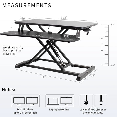 Diagram of 32 Inch Desk Converter K Series Sit To Stand Riser With Dual Monitor And Laptop Workspace Height Adjustable Standing Desk Attachment Wide Keyboard Tray Black DESK V000K showing measurements and features