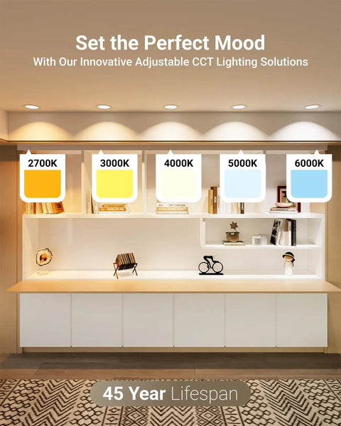 Room lit with 12 Pack 6-Inch LED Recessed Lights With Junction Box, showing selectable CCT from 2700K to 6000K.