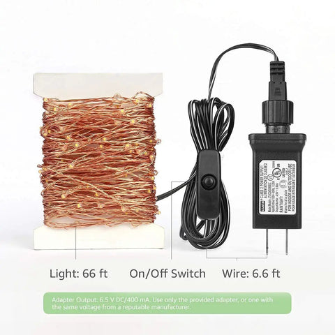 66 Ft 200 LED Fairy Lights With Plug In Switch Warm White Copper Wire String Lights Waterproof