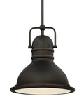 Boswell Mini Pendant Light in Oil Rubbed Bronze with Vintage Inspired Style, prismatic acrylic lens, one light fixture.