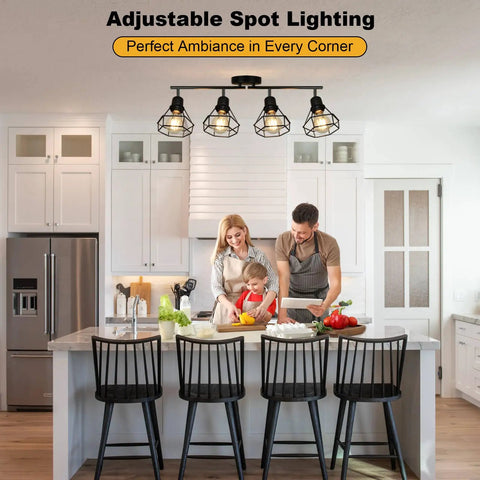 4 Light Track Lighting Fixture in Black Industrial Style with Open Wire Cage illuminating a modern kitchen with adjustable spotlights