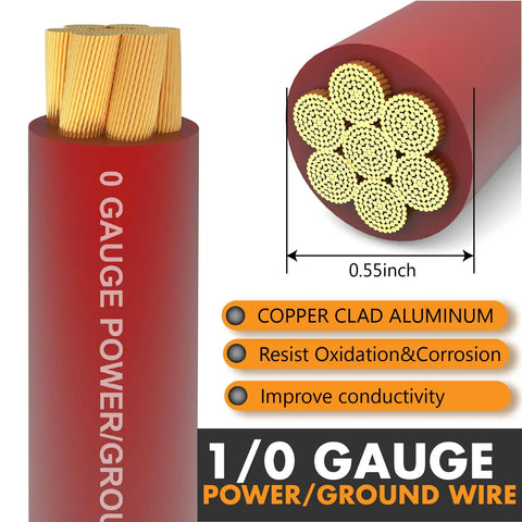 1/0 Gauge CCA Copper Clad Aluminum Power Ground Wire 20ft Red For Car Amplifiers Big 3 Upgrade Battery Cable With Lug Terminals And 3:1 Heat Shrink Tubing Durable Auto Electrical Cable, 0.55-inch cable cross-section