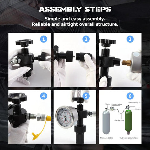 Assembly steps for Nitrogen Shock Fill And Accumulator Charging Kit With Three Gauges 1500 PSI 4000 PSI And 6000 PSI.
