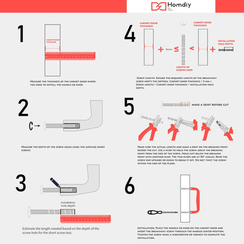 Installation guide showing six steps for installing 10 Pack Brushed Nickel Cabinet Pulls 3 Inch Hole Centers, 6 Inch Total Length, 1.34 Inch Height Stainless Steel Handles for Cabinets and Drawers, Rust Resistant, Elegant Square Design.