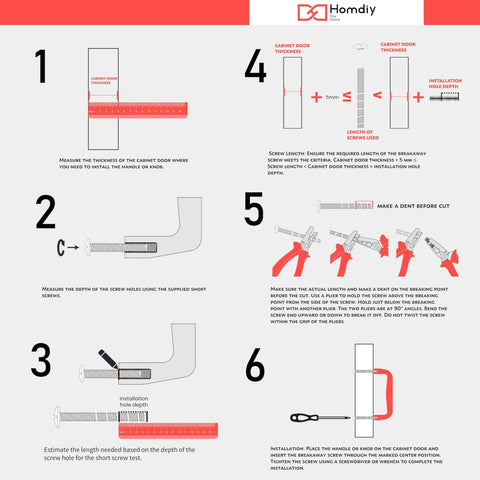 Instructional guide for installing cabinet door handles with step-by-step diagrams, measurements, and tools needed.