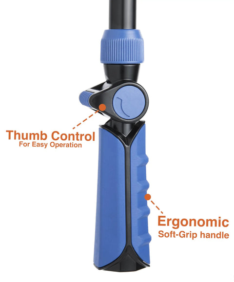 Adjustable Thumb Control Garden Watering Wand handle with ergonomic soft-grip, zinc-aluminum construction, blue thumb control