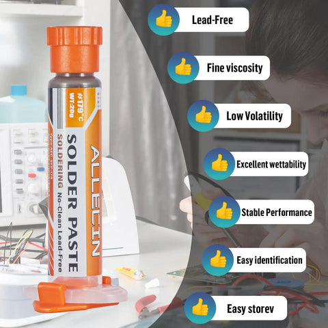 Lead Free Solder Paste Sn64.7 Bi35 Ag0.3 20G No Clean Medium Temp For SMD SMT, product features with thumbs up icons.