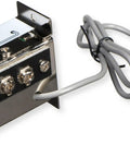 Line Matching Transformer For 10 kOhm Hi-Z To 600 Ohm Balanced Audio in a compact steel enclosure with RCA and screw terminals.