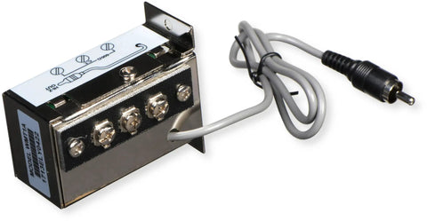 Line Matching Transformer For 10 kOhm Hi-Z To 600 Ohm Balanced Audio in a compact steel enclosure with RCA and screw terminals.