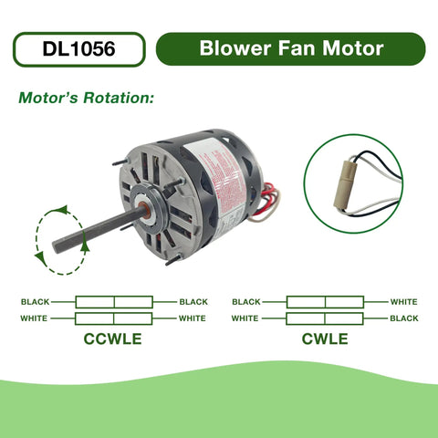 Direct Drive Blower Fan Motor Half HP 115V 1075 RPM 1 Phase 60 Hz 3 Speed Easy Swap Direct Replacement for AO Smith 1056 Fasco D701 GE 3587 Marathon X004 Emerson 1865 with 10uF Capacitor, shown with wiring diagram