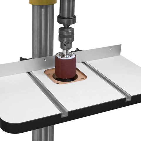 Rock Solid Heavy Duty Drill Press Table With Hella Stable Vibration Damping Platform Built Tough For Woodworking And Metalworking Featuring Ultra Dense Base And Smooth Operator Work Surface with sanding drum in use.
