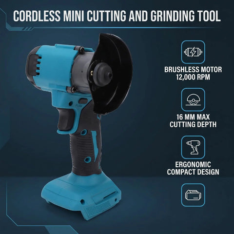 Heavy Duty Cordless Mini Circular Saw and Angle Grinder With Brushless Motor Running 12000 RPM and Three Speed Settings for Lightning Fast Cuts Through Wood Metal and Tile compact tool with ergonomic grip and cutting depth specifications