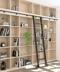 Heavy Duty Sliding Barn Door Hardware Kit With Adjustable Overhead Rail And Satin Black Finish in a stylish library setting.