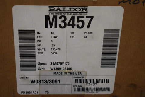 Label on M3457 TENV 3410M Enclosed 3 Phase Motor box showing specs: 0.33 HP, 3450 RPM, 60 Hz, 48 Frames, NEMA, industrial use