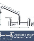 FORIOUS Chrome Wall Mount Kitchen Faucet, Adjustable 8 Inch Center 2 Handle with 360° swivel spout and dimensions.