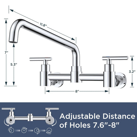 FORIOUS Chrome Wall Mount Kitchen Faucet, Adjustable 8 Inch Center 2 Handle with 360° swivel spout and dimensions.